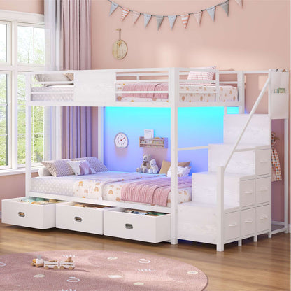 ADORNEVE | Bunk Bed Twin Over Twin with Stairs and 9 Storage Drawers Heavy Duty Bunk Bed with Hanging Area and Full-length Guardrail