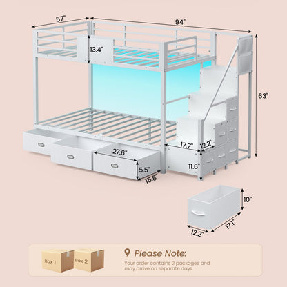 ADORNEVE | Bunk Bed Twin Over Twin with Stairs and 9 Storage Drawers Heavy Duty Bunk Bed with Hanging Area and Full-length Guardrail