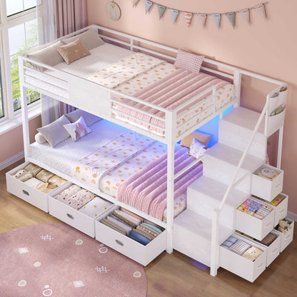 ADORNEVE | Bunk Bed Twin Over Twin with Stairs and 9 Storage Drawers Heavy Duty Bunk Bed with Hanging Area and Full-length Guardrail