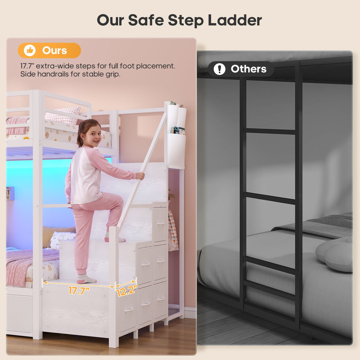 ADORNEVE | Bunk Bed Twin Over Twin with Stairs and 9 Storage Drawers Heavy Duty Bunk Bed with Hanging Area and Full-length Guardrail