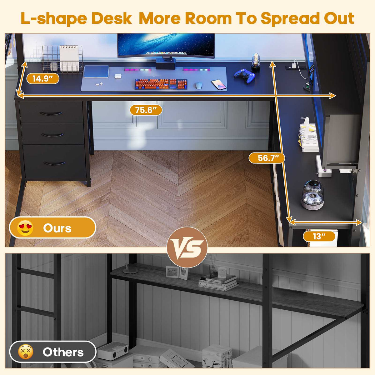 ADORNEVE Gaming Loft Bed Full Size with Desk and RGB Hutch Charging Station Metal Teen Loft Bed with Storage Drawer and Guardrail Ladder