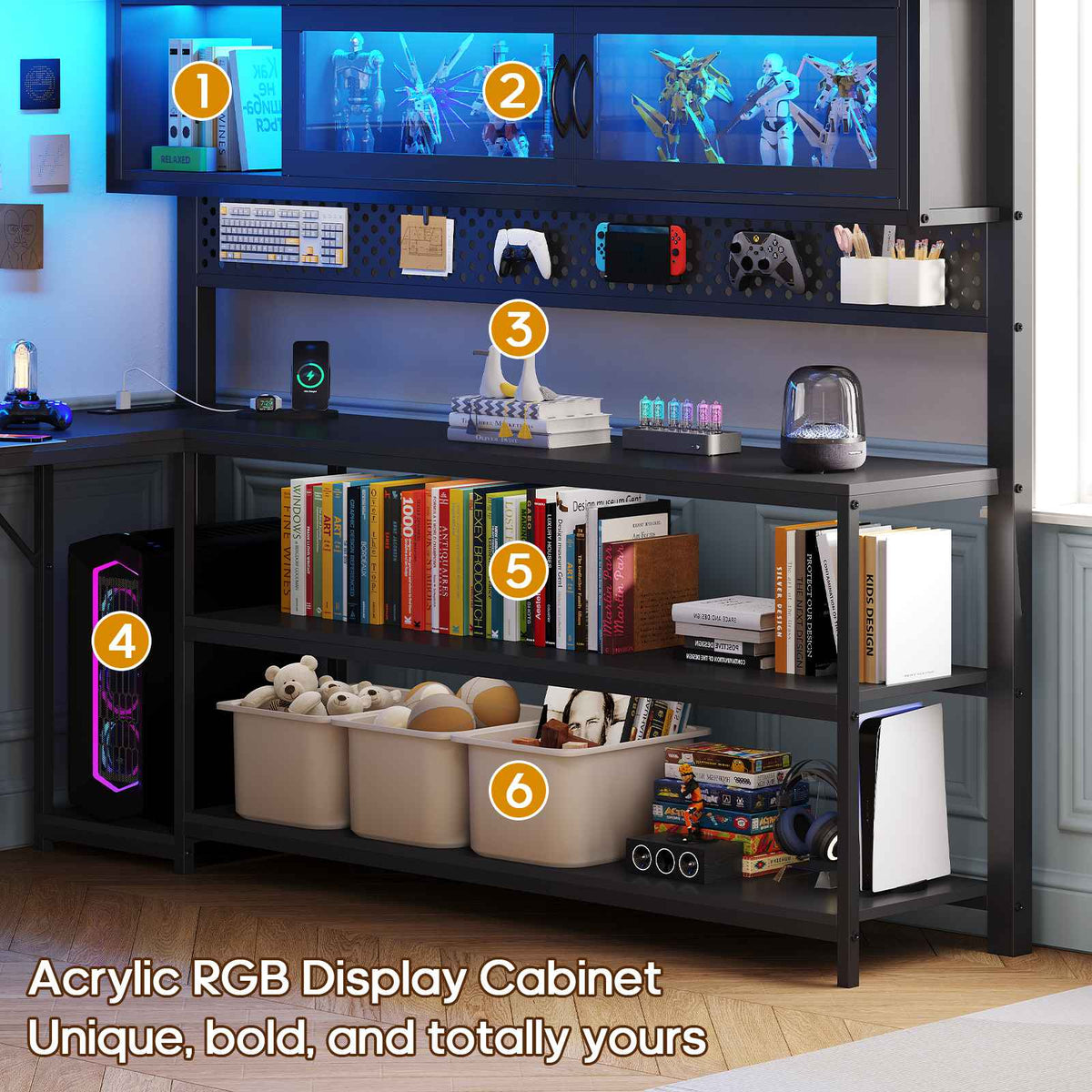 ADORNEVE Gaming Loft Bed Full Size with Desk and RGB Hutch Charging Station Metal Teen Loft Bed with Storage Drawer and Guardrail Ladder