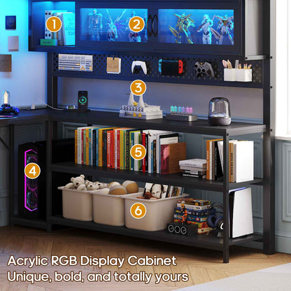 ADORNEVE Gaming Loft Bed Full Size with Desk and RGB Hutch Charging Station Metal Teen Loft Bed with Storage Drawer and Guardrail Ladder