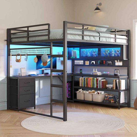 ADORNEVE Gaming Loft Bed Full Size with Desk and RGB Hutch Charging Station Metal Teen Loft Bed with Storage Drawer and Guardrail Ladder