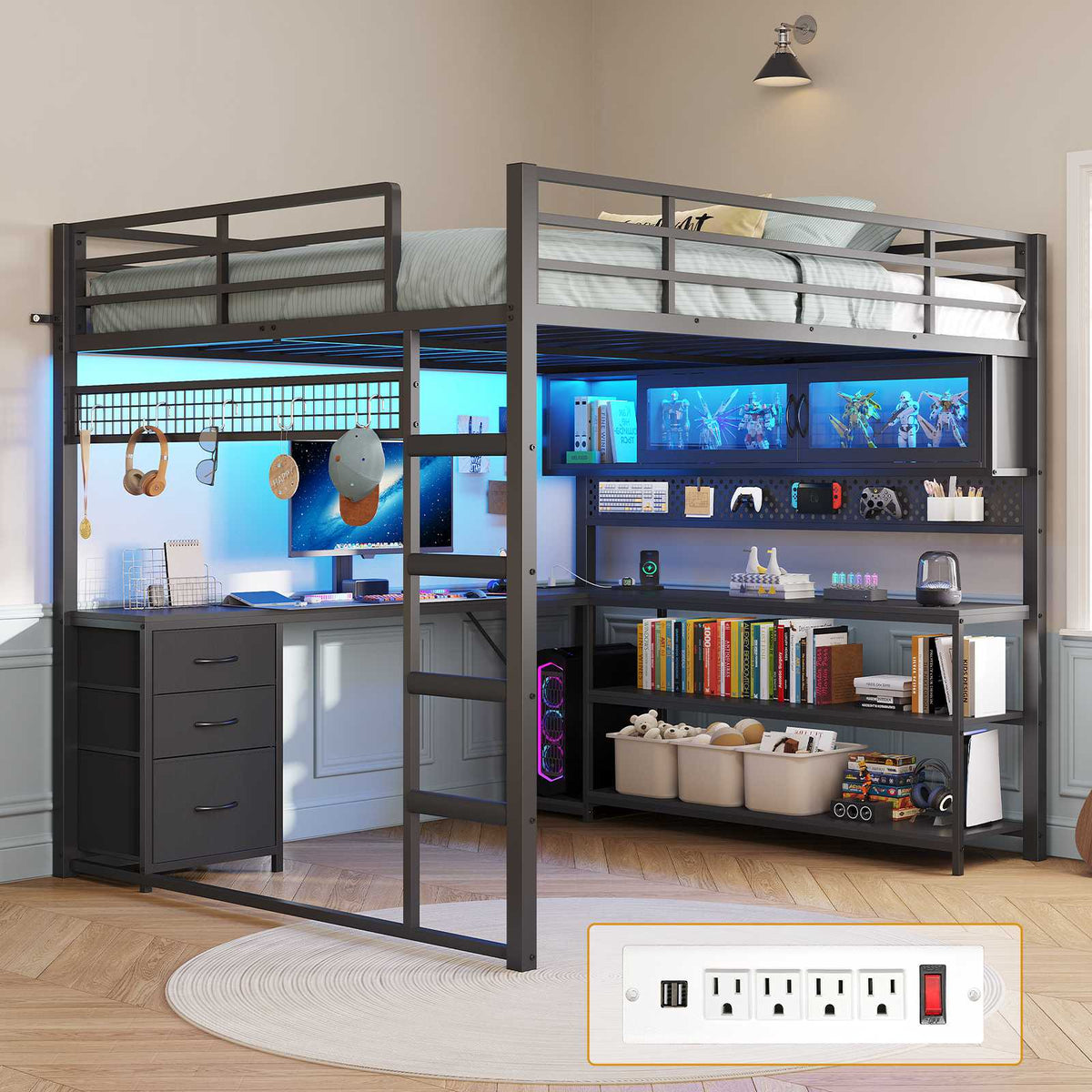 ADORNEVE Gaming Loft Bed Full Size with Desk and RGB Hutch Charging Station Metal Teen Loft Bed with Storage Drawer and Guardrail Ladder