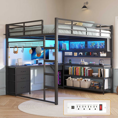 ADORNEVE Gaming Loft Bed Full Size with Desk and RGB Hutch Charging Station Metal Teen Loft Bed with Storage Drawer and Guardrail Ladder