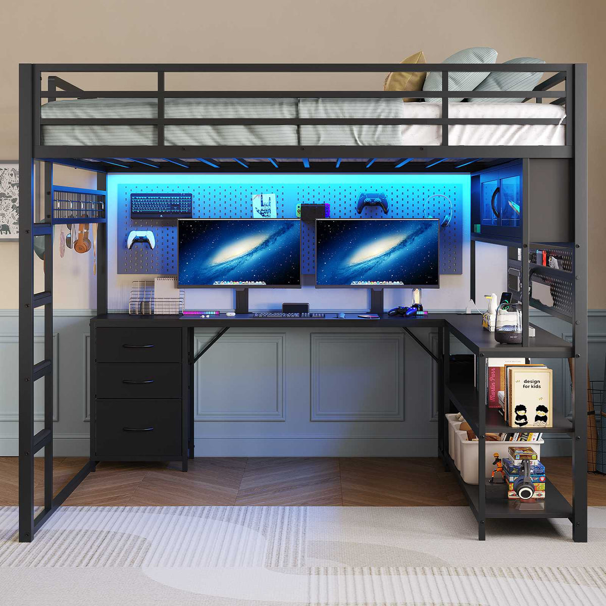ADORNEVE Gaming Loft Bed Full Size with Desk and RGB Hutch Charging Station Metal Teen Loft Bed with Storage Drawer and Guardrail Ladder