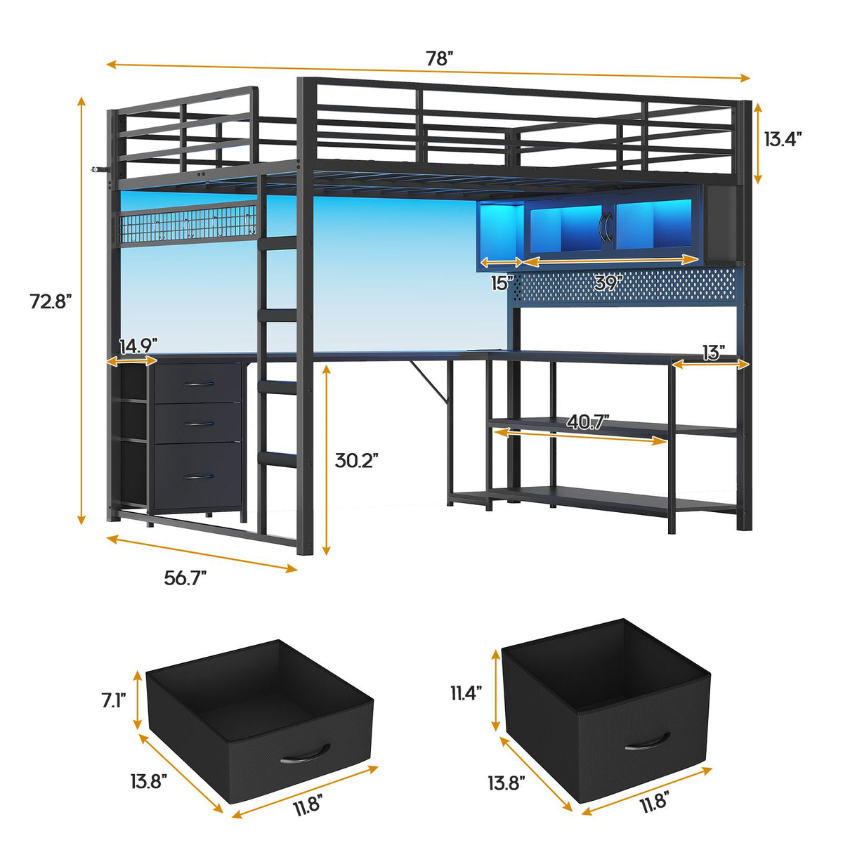 ADORNEVE Gaming Loft Bed Full Size with Desk and RGB Hutch Charging Station Metal Teen Loft Bed with Storage Drawer and Guardrail Ladder