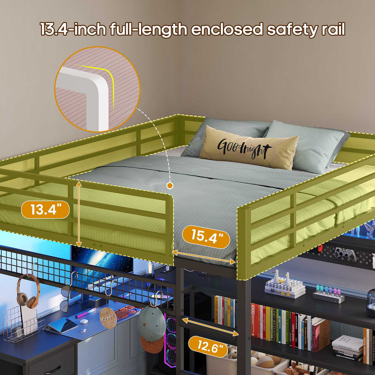 ADORNEVE Gaming Loft Bed Full Size with Desk and RGB Hutch Charging Station Metal Teen Loft Bed with Storage Drawer and Guardrail Ladder