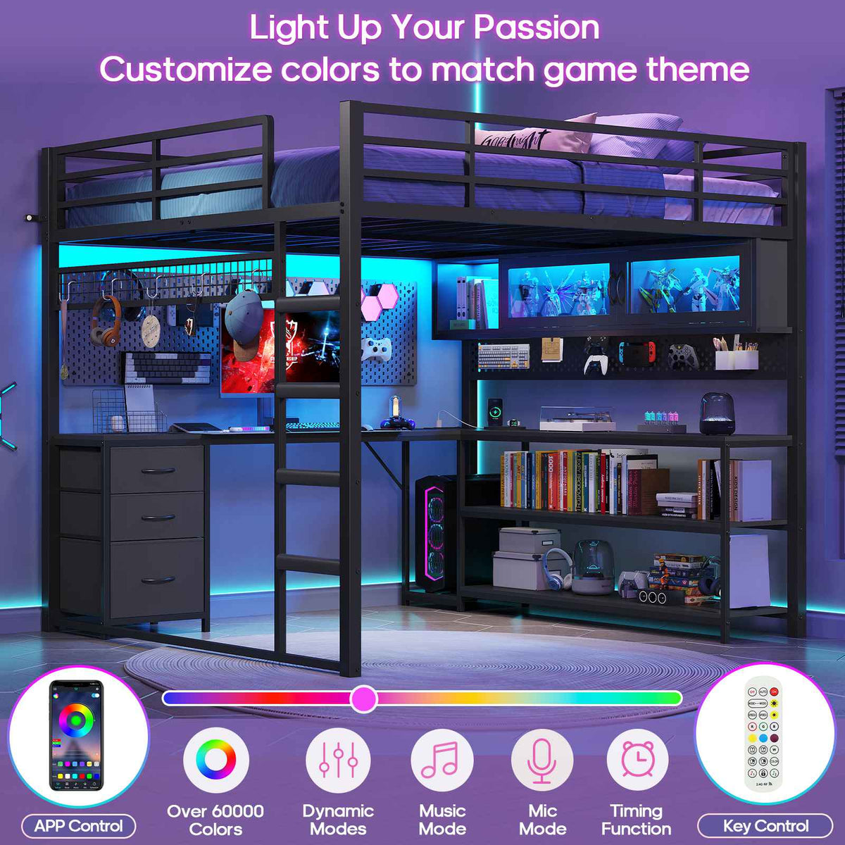 ADORNEVE Gaming Loft Bed Full Size with Desk and RGB Hutch Charging Station Metal Teen Loft Bed with Storage Drawer and Guardrail Ladder