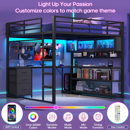 ADORNEVE Gaming Loft Bed Full Size with Desk and RGB Hutch Charging Station Metal Teen Loft Bed with Storage Drawer and Guardrail Ladder