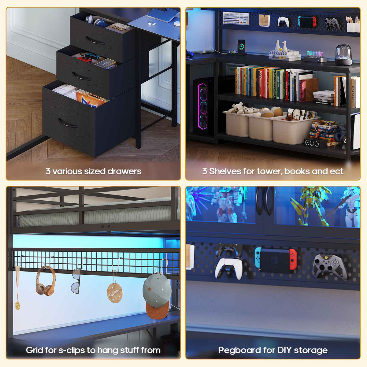 ADORNEVE Gaming Loft Bed Full Size with Desk and RGB Hutch Charging Station Metal Teen Loft Bed with Storage Drawer and Guardrail Ladder