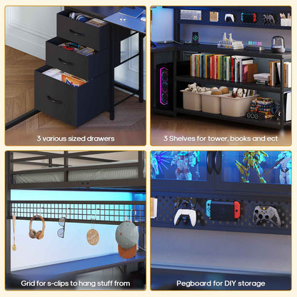 ADORNEVE Gaming Loft Bed Full Size with Desk and RGB Hutch Charging Station Metal Teen Loft Bed with Storage Drawer and Guardrail Ladder