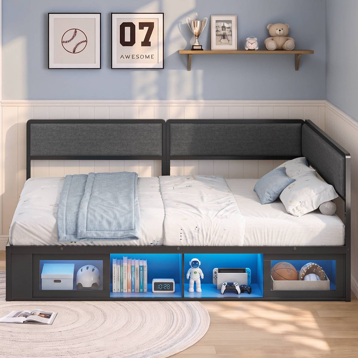 ADORNEVE Corner Bed Frame Full Size with 2 Sliding Doors Cabinets and 2 Cubbies Bookcases LED L-Shaped Daybed with 2-in-1 Convertible Design and Upholstered Safety Guardrails
