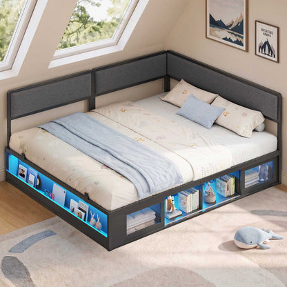 ADORNEVE Corner Bed Frame Full Size with 2 Sliding Doors Cabinets and 2 Cubbies Bookcases LED L-Shaped Daybed with 2-in-1 Convertible Design and Upholstered Safety Guardrails