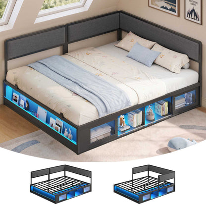 ADORNEVE Corner Bed Frame Full Size with 2 Sliding Doors Cabinets and 2 Cubbies Bookcases LED L-Shaped Daybed with 2-in-1 Convertible Design and Upholstered Safety Guardrails