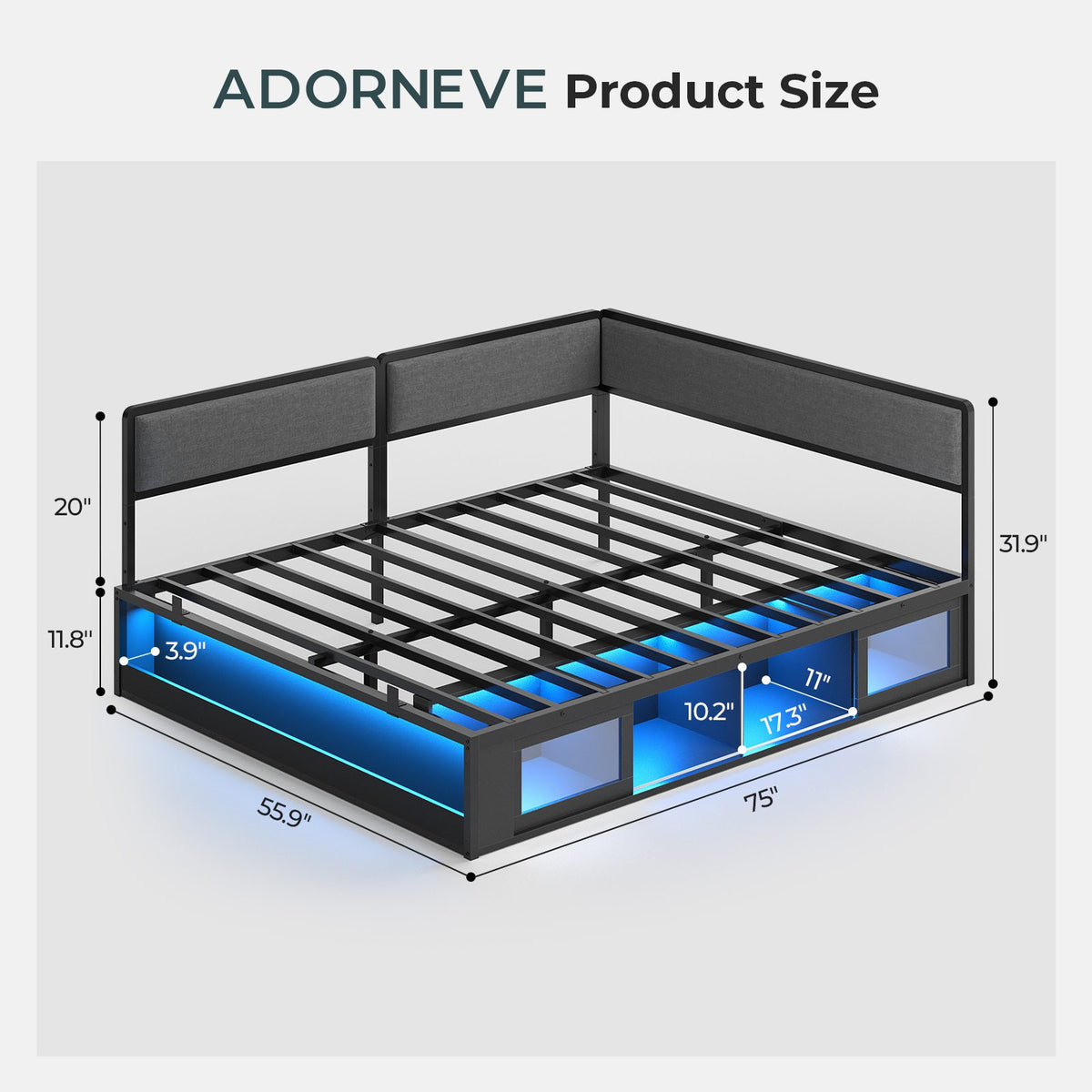 ADORNEVE Corner Bed Frame Full Size with 2 Sliding Doors Cabinets and 2 Cubbies Bookcases LED L-Shaped Daybed with 2-in-1 Convertible Design and Upholstered Safety Guardrails