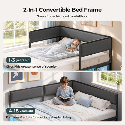 ADORNEVE Corner Bed Frame Full Size with 2 Sliding Doors Cabinets and 2 Cubbies Bookcases LED L-Shaped Daybed with 2-in-1 Convertible Design and Upholstered Safety Guardrails