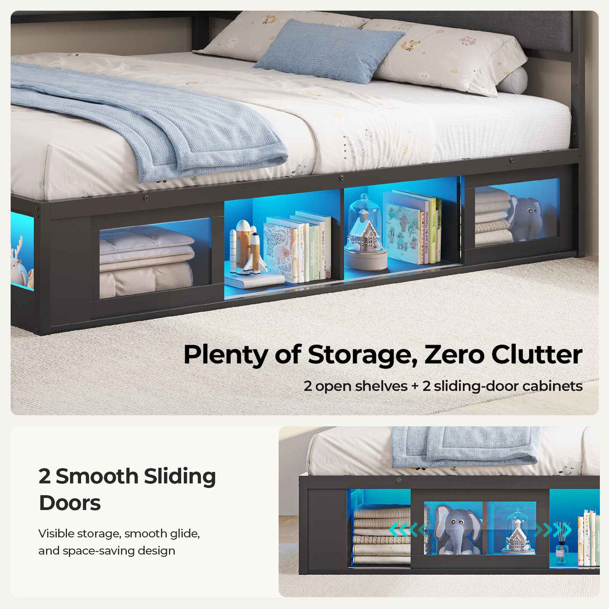 ADORNEVE Corner Bed Frame Full Size with 2 Sliding Doors Cabinets and 2 Cubbies Bookcases LED L-Shaped Daybed with 2-in-1 Convertible Design and Upholstered Safety Guardrails