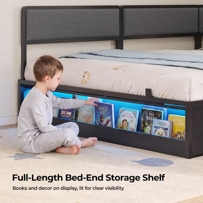ADORNEVE Corner Bed Frame Full Size with 2 Sliding Doors Cabinets and 2 Cubbies Bookcases LED L-Shaped Daybed with 2-in-1 Convertible Design and Upholstered Safety Guardrails