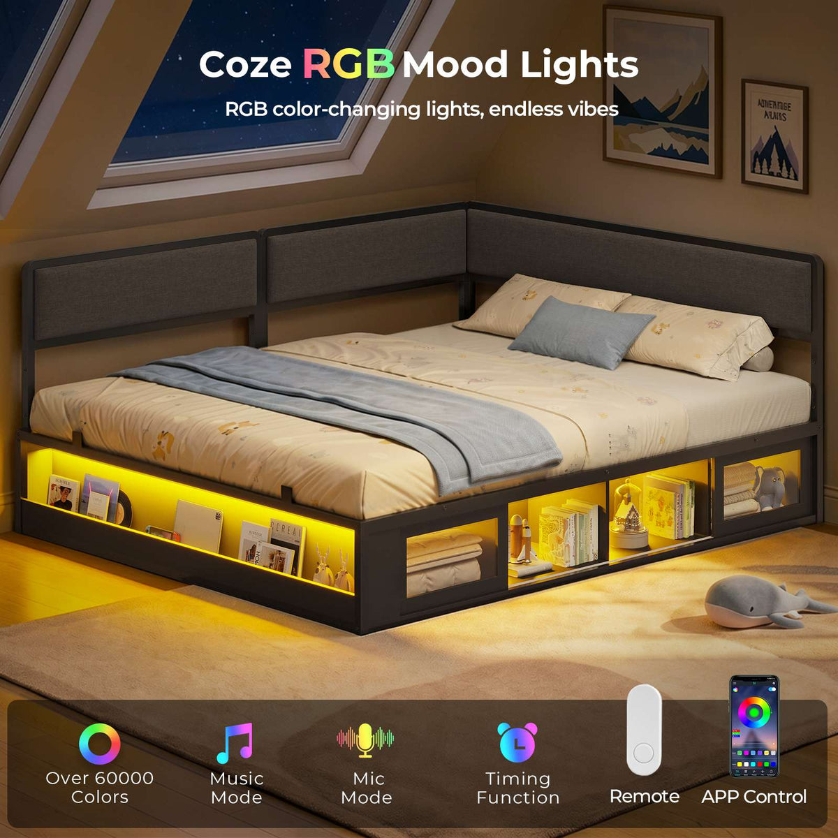 ADORNEVE Corner Bed Frame Full Size with 2 Sliding Doors Cabinets and 2 Cubbies Bookcases LED L-Shaped Daybed with 2-in-1 Convertible Design and Upholstered Safety Guardrails