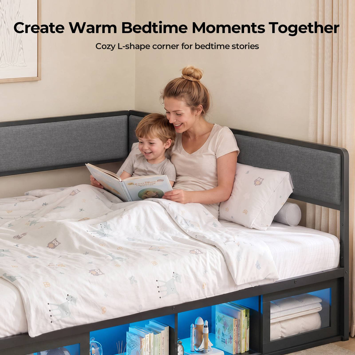 ADORNEVE Corner Bed Frame Full Size with 2 Sliding Doors Cabinets and 2 Cubbies Bookcases LED L-Shaped Daybed with 2-in-1 Convertible Design and Upholstered Safety Guardrails