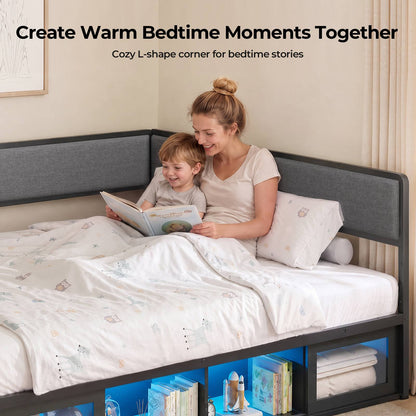 ADORNEVE Corner Bed Frame Full Size with 2 Sliding Doors Cabinets and 2 Cubbies Bookcases LED L-Shaped Daybed with 2-in-1 Convertible Design and Upholstered Safety Guardrails