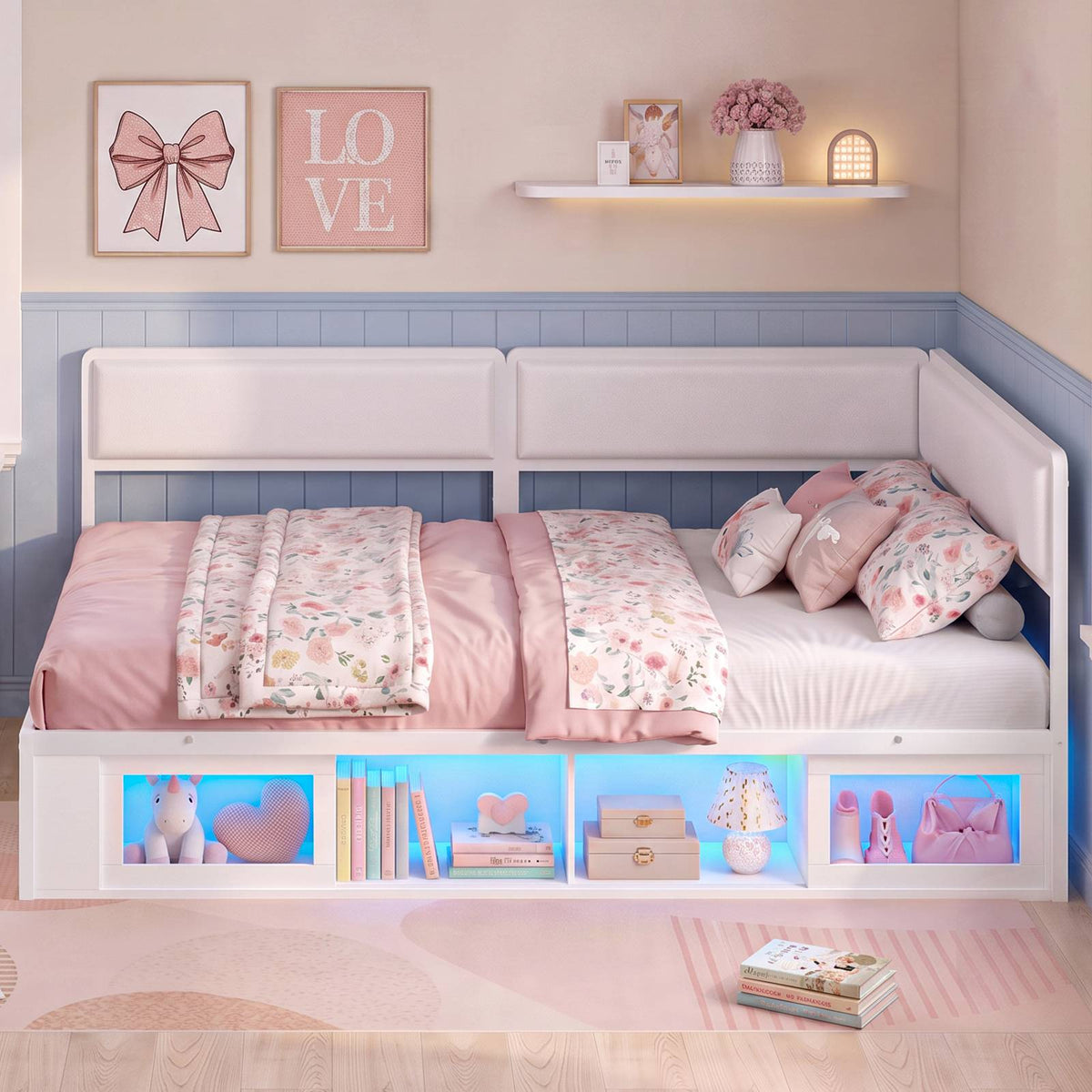 ADORNEVE Corner Bed Frame Full Size with 2 Sliding Doors Cabinets and 2 Cubbies Bookcases LED L-Shaped Daybed with 2-in-1 Convertible Design and Upholstered Safety Guardrails
