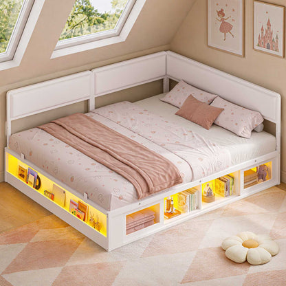 ADORNEVE Corner Bed Frame Full Size with 2 Sliding Doors Cabinets and 2 Cubbies Bookcases LED L-Shaped Daybed with 2-in-1 Convertible Design and Upholstered Safety Guardrails