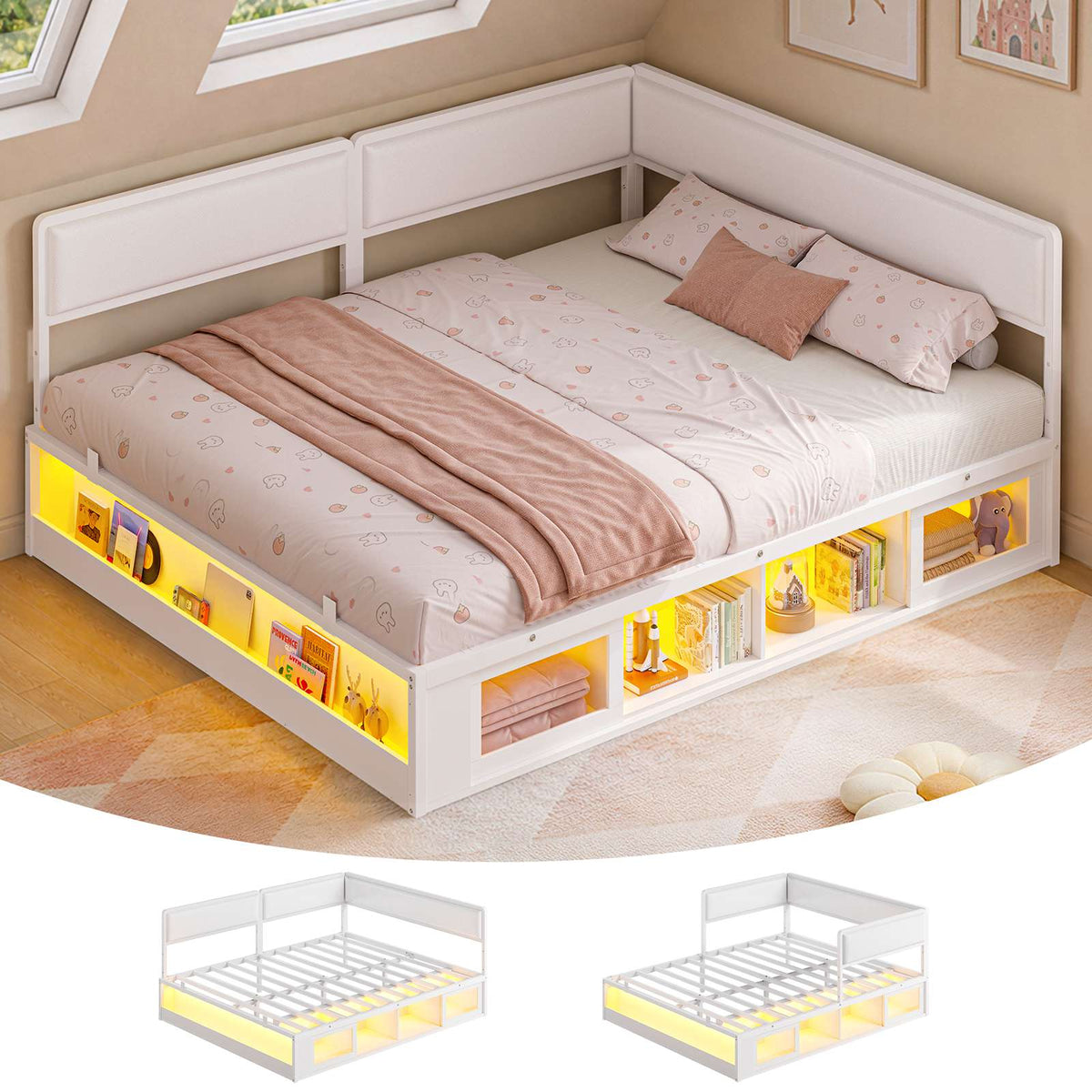 ADORNEVE Corner Bed Frame Full Size with 2 Sliding Doors Cabinets and 2 Cubbies Bookcases LED L-Shaped Daybed with 2-in-1 Convertible Design and Upholstered Safety Guardrails