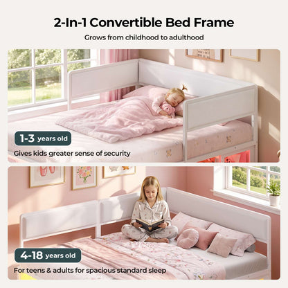 ADORNEVE Corner Bed Frame Full Size with 2 Sliding Doors Cabinets and 2 Cubbies Bookcases LED L-Shaped Daybed with 2-in-1 Convertible Design and Upholstered Safety Guardrails
