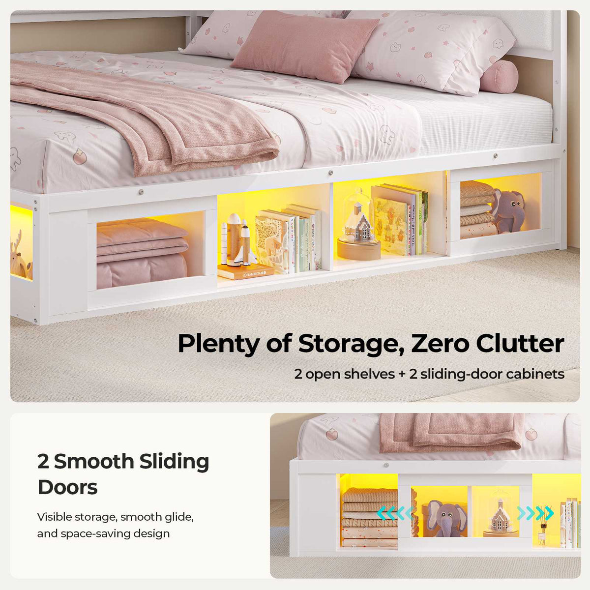ADORNEVE Corner Bed Frame Full Size with 2 Sliding Doors Cabinets and 2 Cubbies Bookcases LED L-Shaped Daybed with 2-in-1 Convertible Design and Upholstered Safety Guardrails