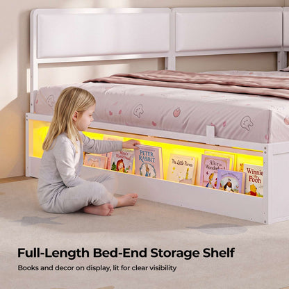 ADORNEVE Corner Bed Frame Full Size with 2 Sliding Doors Cabinets and 2 Cubbies Bookcases LED L-Shaped Daybed with 2-in-1 Convertible Design and Upholstered Safety Guardrails