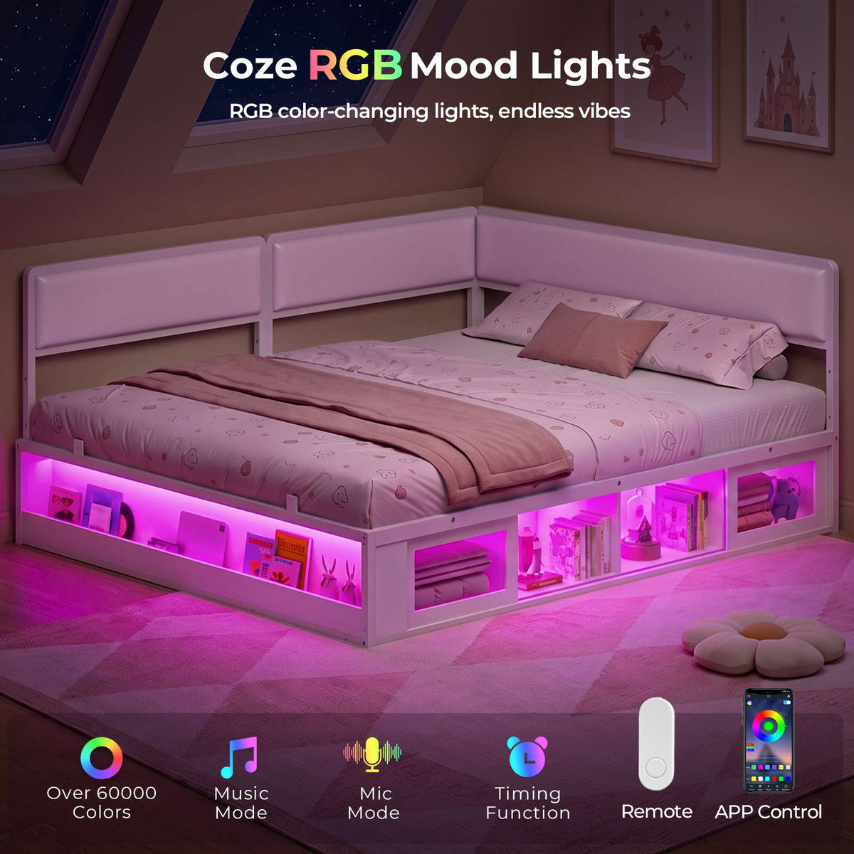 ADORNEVE Corner Bed Frame Full Size with 2 Sliding Doors Cabinets and 2 Cubbies Bookcases LED L-Shaped Daybed with 2-in-1 Convertible Design and Upholstered Safety Guardrails