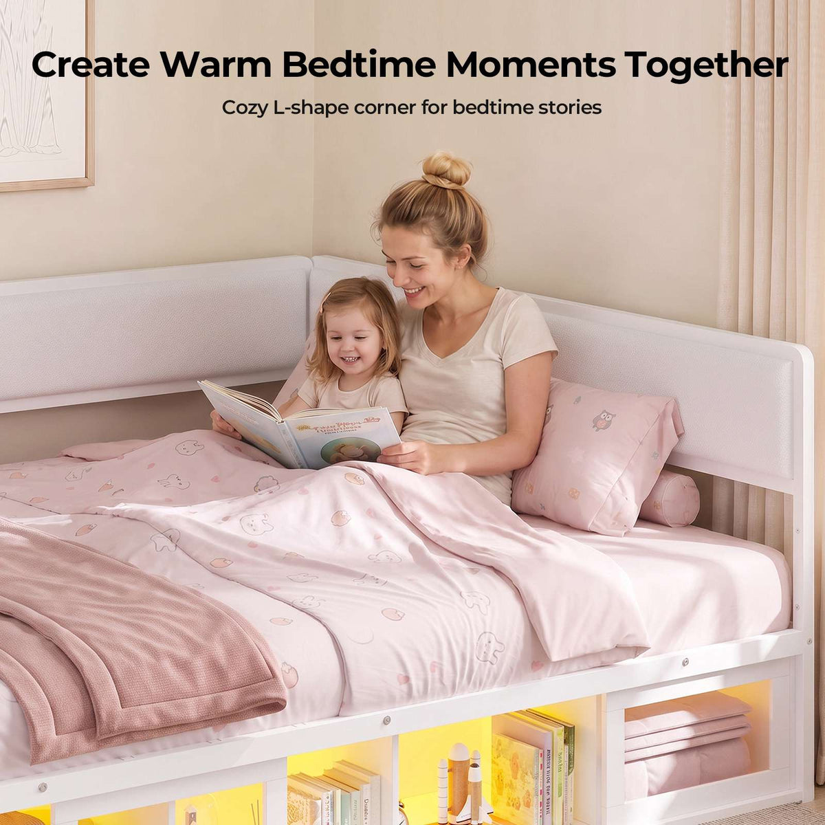 ADORNEVE Corner Bed Frame Full Size with 2 Sliding Doors Cabinets and 2 Cubbies Bookcases LED L-Shaped Daybed with 2-in-1 Convertible Design and Upholstered Safety Guardrails