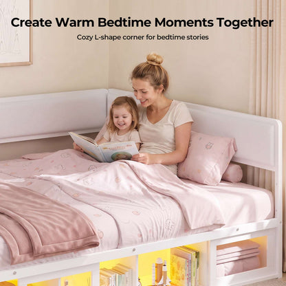 ADORNEVE Corner Bed Frame Full Size with 2 Sliding Doors Cabinets and 2 Cubbies Bookcases LED L-Shaped Daybed with 2-in-1 Convertible Design and Upholstered Safety Guardrails