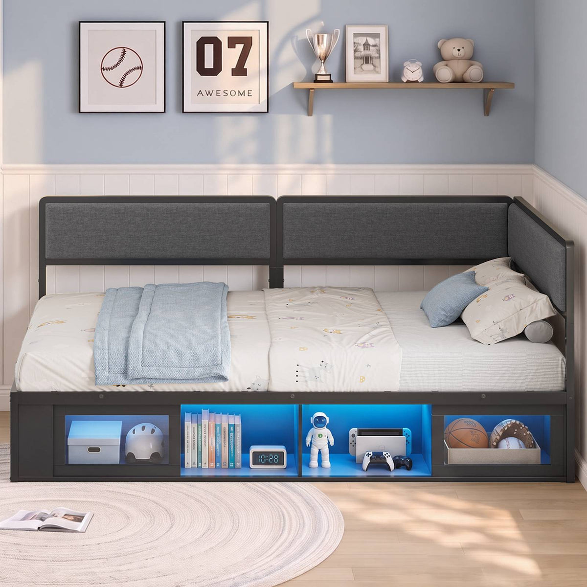 ADORNEVE Twin Corner Bed Frame with Bookcase Storage and 2-in-1 Convertible Design LED L-Shaped Daybed with Upholstered Safety Guardrails and 2 Sliding Doors Cabinets