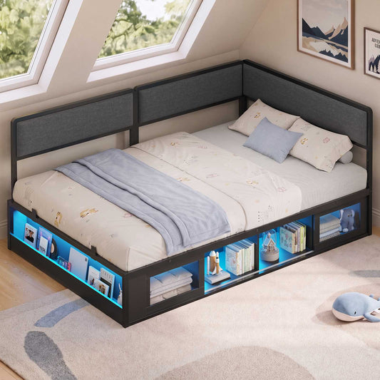 ADORNEVE Twin Corner Bed Frame with Bookcase Storage and 2-in-1 Convertible Design LED L-Shaped Daybed with Upholstered Safety Guardrails and 2 Sliding Doors Cabinets