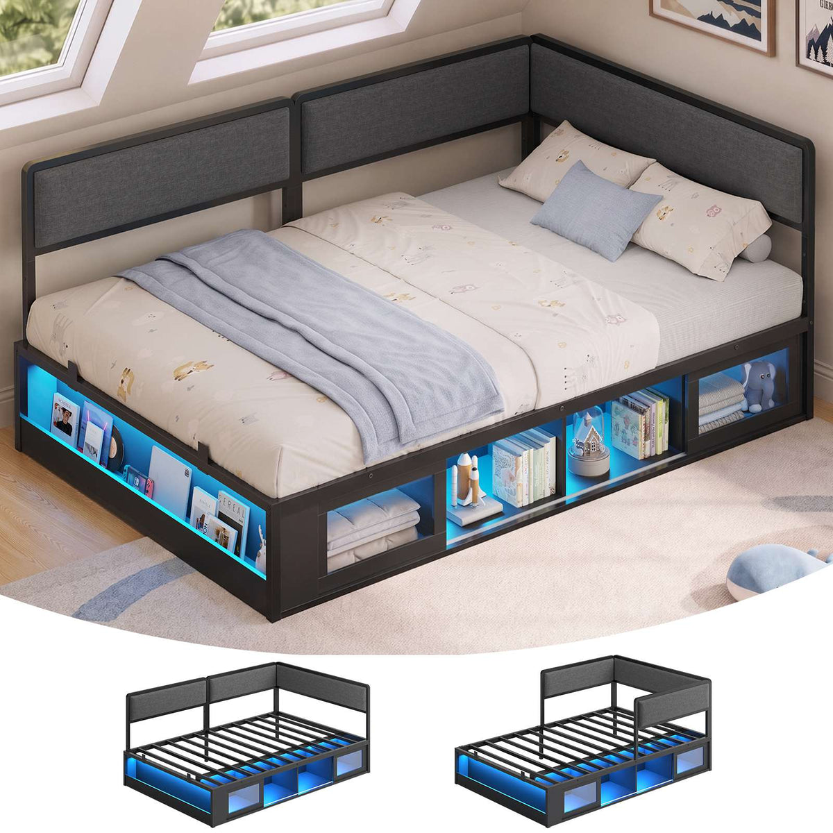 ADORNEVE Twin Corner Bed Frame with Bookcase Storage and 2-in-1 Convertible Design LED L-Shaped Daybed with Upholstered Safety Guardrails and 2 Sliding Doors Cabinets