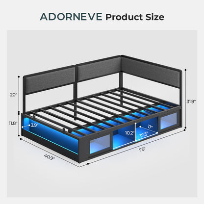 ADORNEVE Twin Corner Bed Frame with Bookcase Storage and 2-in-1 Convertible Design LED L-Shaped Daybed with Upholstered Safety Guardrails and 2 Sliding Doors Cabinets