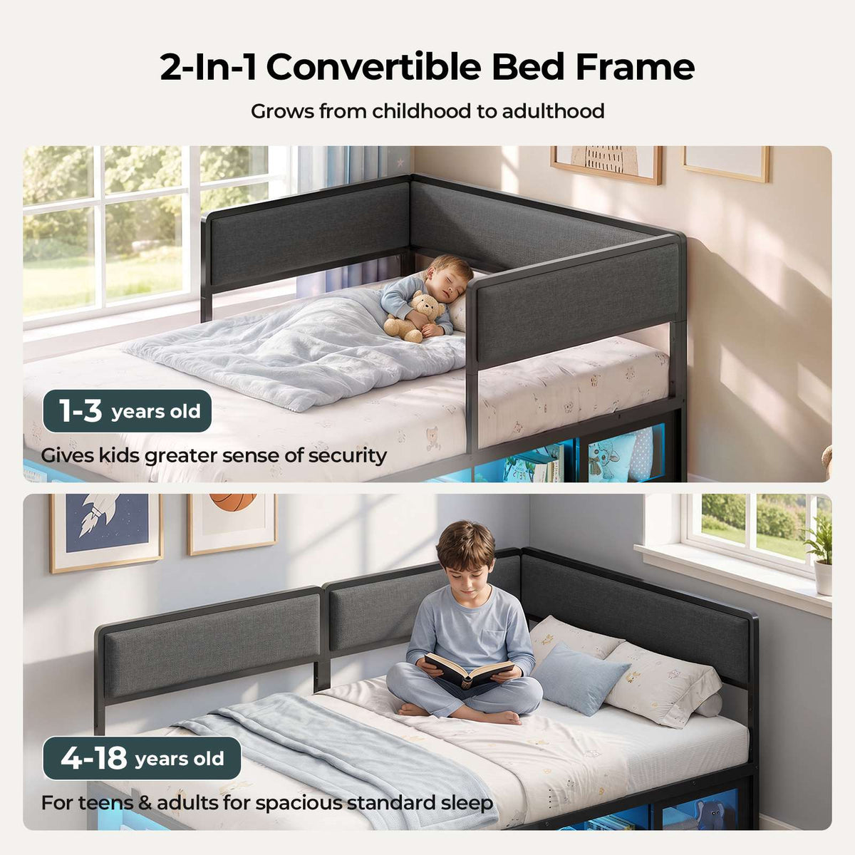ADORNEVE Twin Corner Bed Frame with Bookcase Storage and 2-in-1 Convertible Design LED L-Shaped Daybed with Upholstered Safety Guardrails and 2 Sliding Doors Cabinets