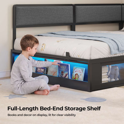 ADORNEVE Twin Corner Bed Frame with Bookcase Storage and 2-in-1 Convertible Design LED L-Shaped Daybed with Upholstered Safety Guardrails and 2 Sliding Doors Cabinets