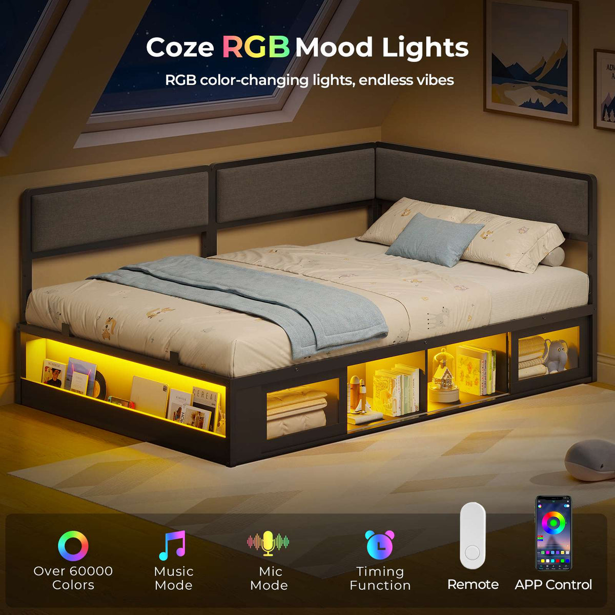 ADORNEVE Twin Corner Bed Frame with Bookcase Storage and 2-in-1 Convertible Design LED L-Shaped Daybed with Upholstered Safety Guardrails and 2 Sliding Doors Cabinets
