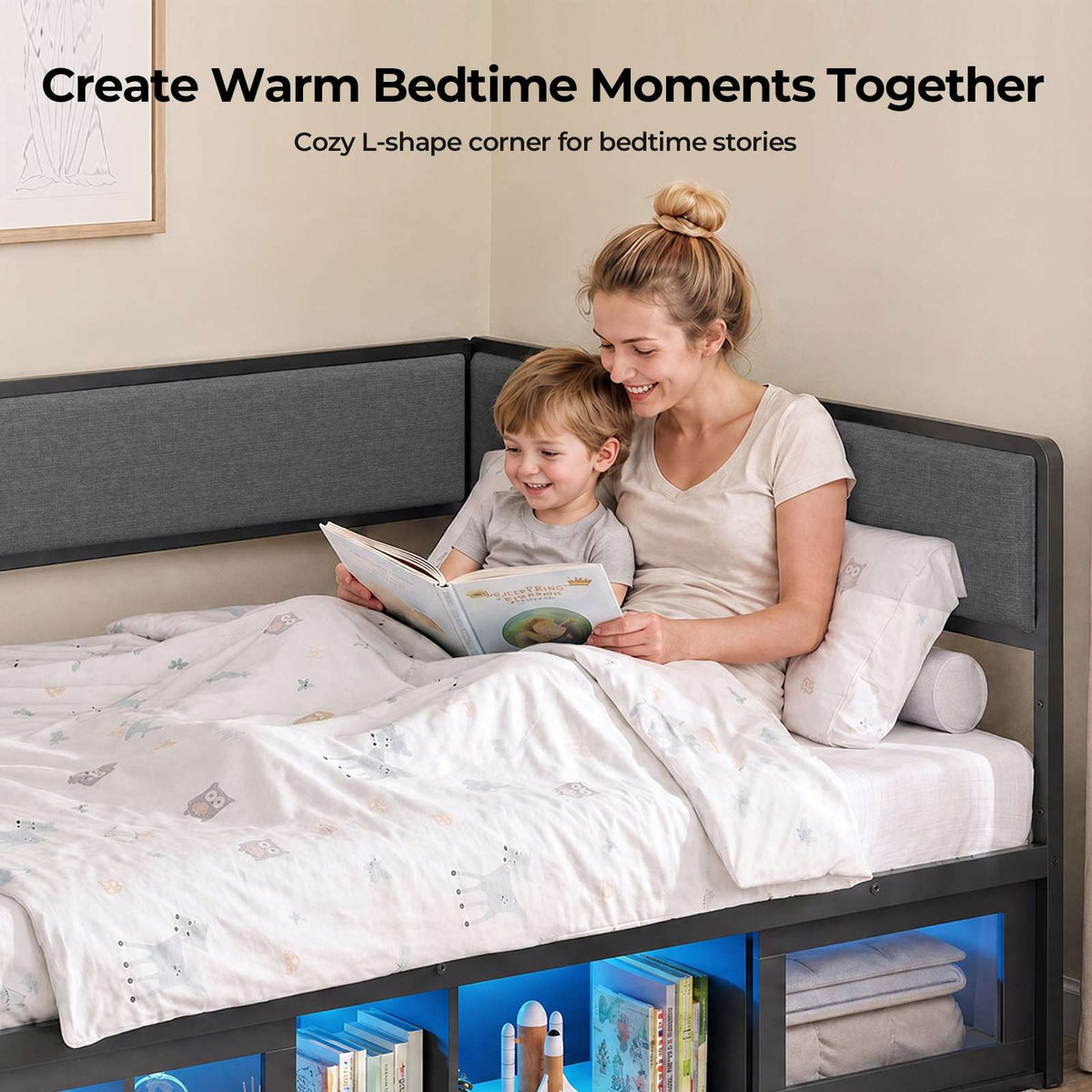 ADORNEVE Twin Corner Bed Frame with Bookcase Storage and 2-in-1 Convertible Design LED L-Shaped Daybed with Upholstered Safety Guardrails and 2 Sliding Doors Cabinets