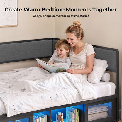ADORNEVE Twin Corner Bed Frame with Bookcase Storage and 2-in-1 Convertible Design LED L-Shaped Daybed with Upholstered Safety Guardrails and 2 Sliding Doors Cabinets