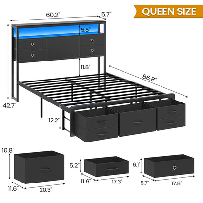 ADORNEVE | Queen Bed Frame with Charging Station and 9 Storage Drawers Metal Platform Storage Bed with 2-Tiers Storage Headboard and LED Lights