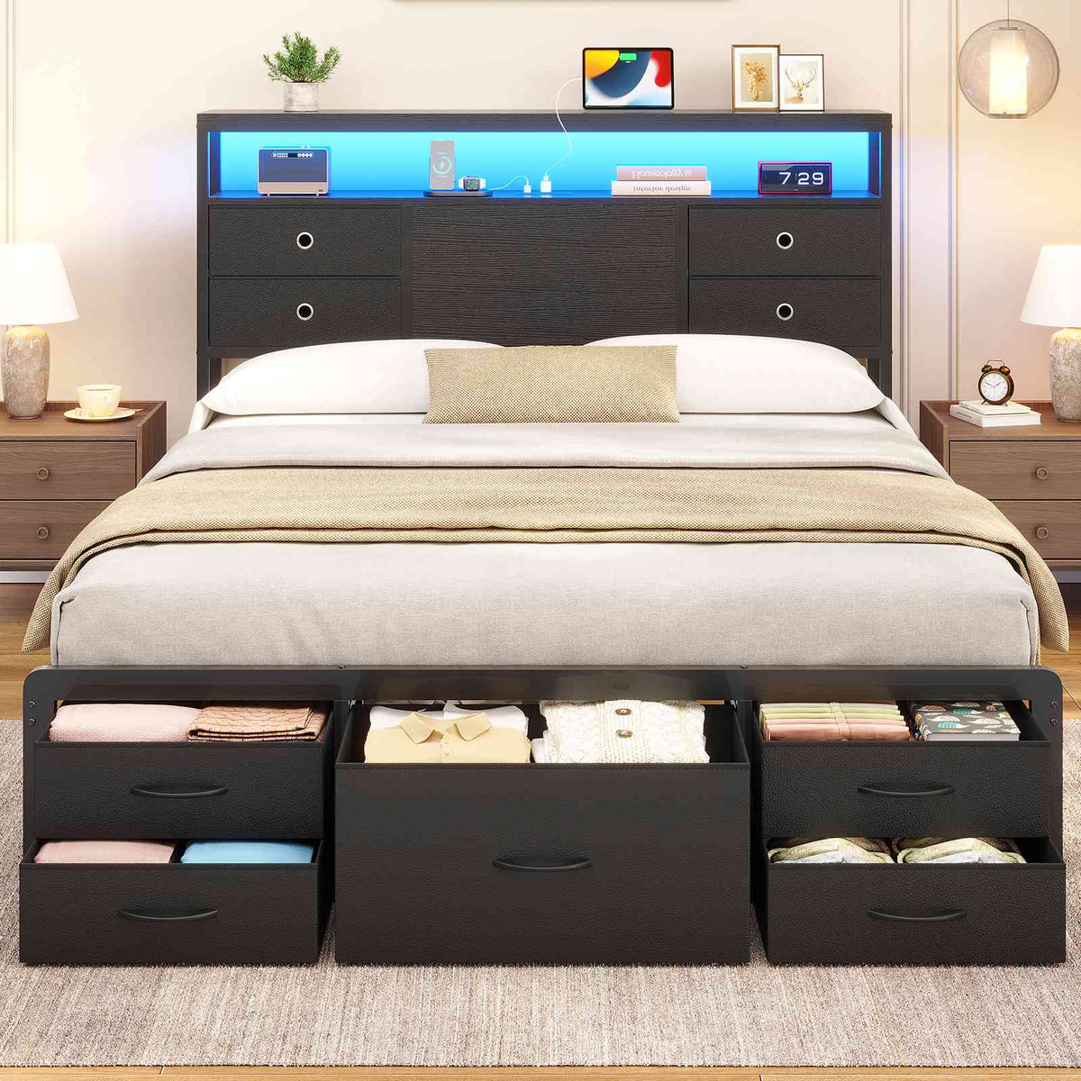 ADORNEVE | Queen Bed Frame with Charging Station and 9 Storage Drawers Metal Platform Storage Bed with 2-Tiers Storage Headboard and LED Lights