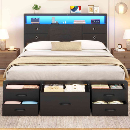 ADORNEVE | Queen Bed Frame with Charging Station and 9 Storage Drawers Metal Platform Storage Bed with 2-Tiers Storage Headboard and LED Lights