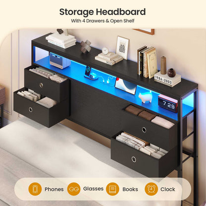 ADORNEVE | Queen Bed Frame with Charging Station and 9 Storage Drawers Metal Platform Storage Bed with 2-Tiers Storage Headboard and LED Lights