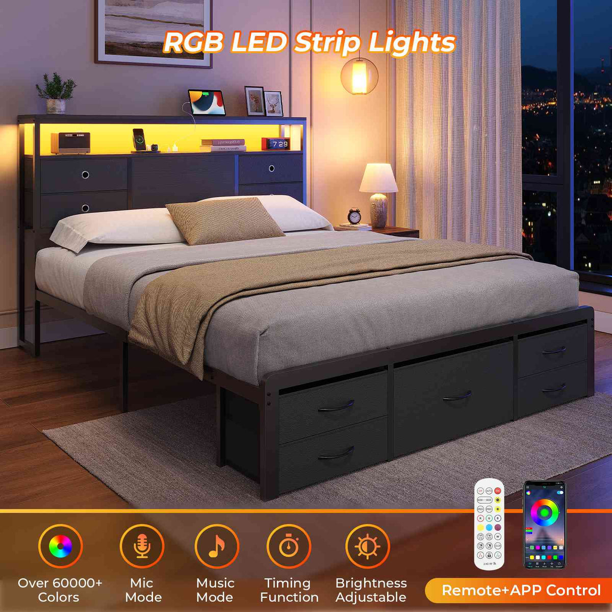 ADORNEVE | Queen Bed Frame with Charging Station and 9 Storage Drawers Metal Platform Storage Bed with 2-Tiers Storage Headboard and LED Lights